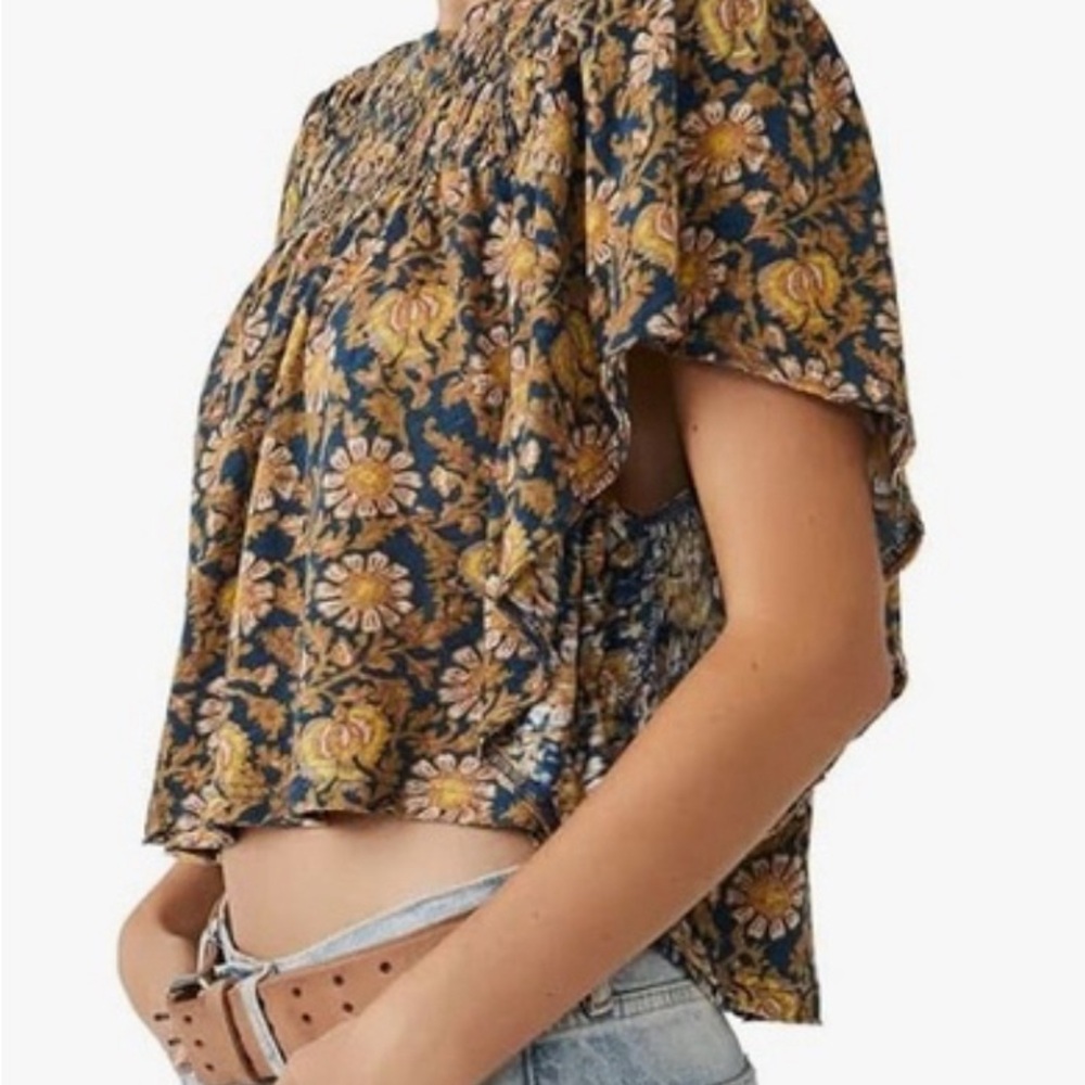 Free People Floral Flutter Sleeve Smocked Blouse